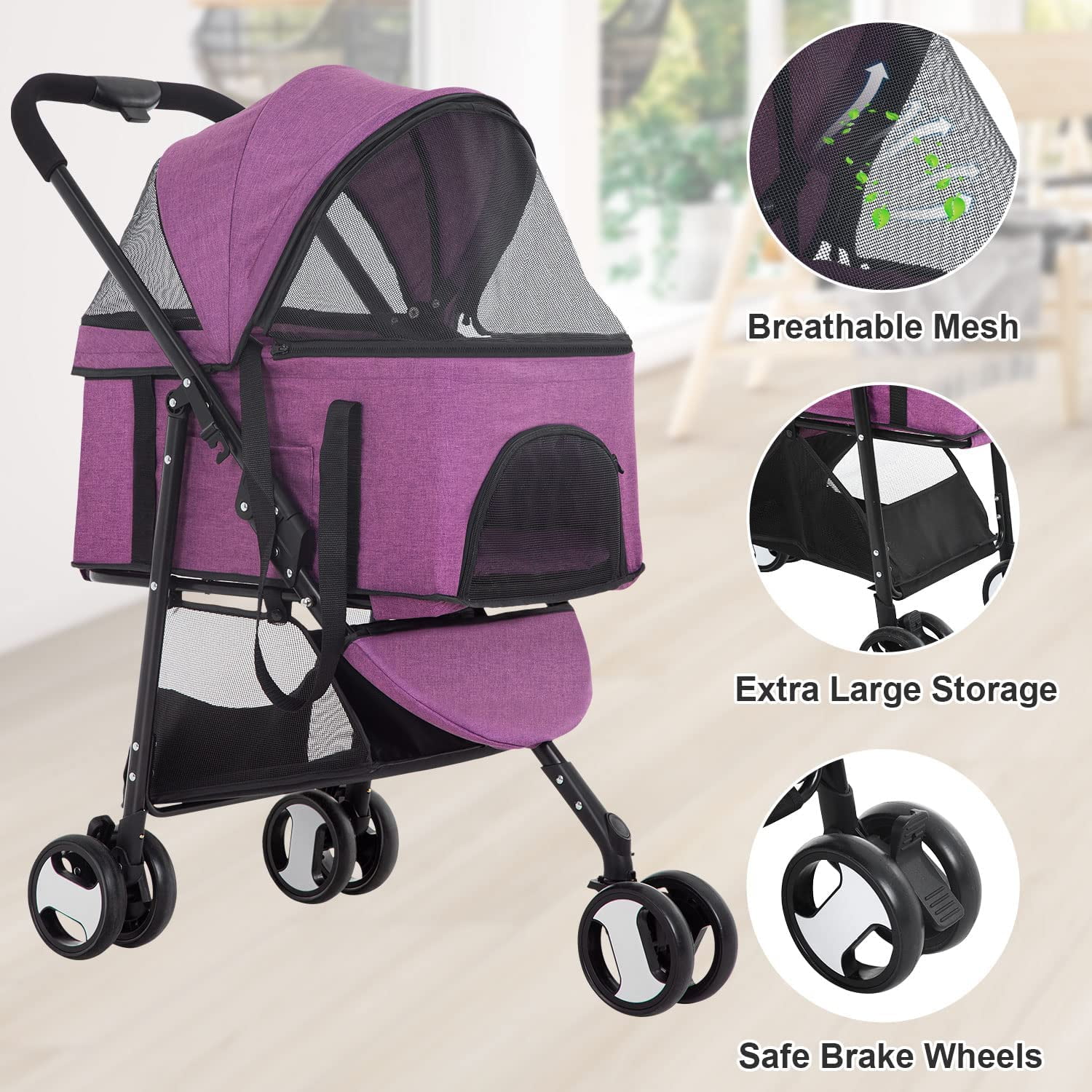 BestPet Pet Stroller Premium 3 in 1 Multifunction Dog Cat Jogger Stroller for Medium Small Dogs Cats Folding Lightweight Travel Stroller with Detachable Carrier Purple 3 Wheels Walmart