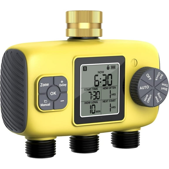3 Zone Sprinkler Timer for Garden Hose, Water Timer with Brass Inlet,Programmable Automatic&Manual Irrigation System 3 Independent Zone,Rain Delay,IPX5 Waterproof,Large LCD Display for Yard,Lawn,Pool
