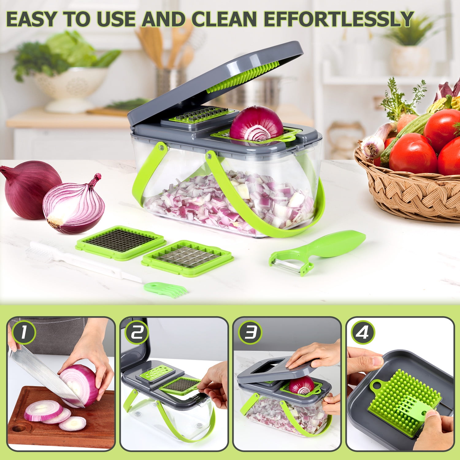 Vesteel 22 in 1 Vegetable Chopper, Multifunctional Onion Chopper Food Cutter Dicer Mandolin Slicer with Container and Colander Drain Basket - 13 Stainless Steel Blades