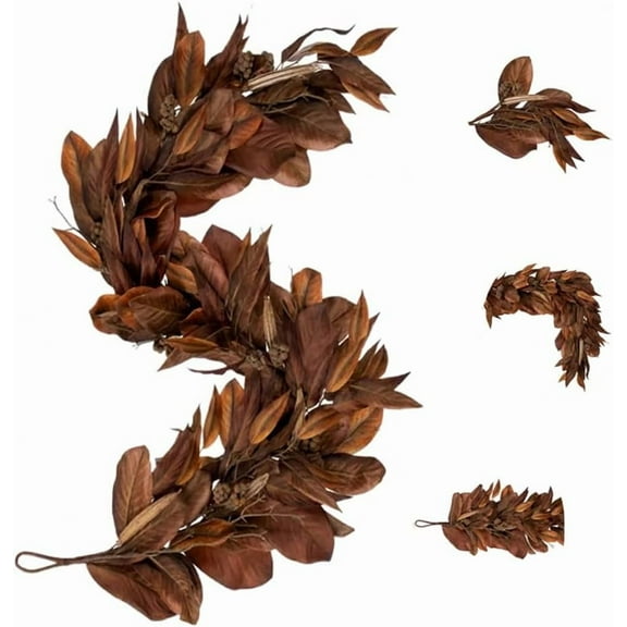Brown Magnolia Leaf Garland, Artificial Magnolia Garland with Pinecones, Autumn Decoration Rustic Fall Leaf for Fireplace Mantel, Christmas, and Thanksgiving Decorations (A1)
