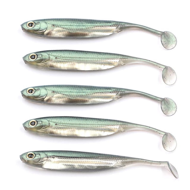5 señuelos de pesca blandos para agua dulce y salada, trucha, lubina, 10 cm, verde