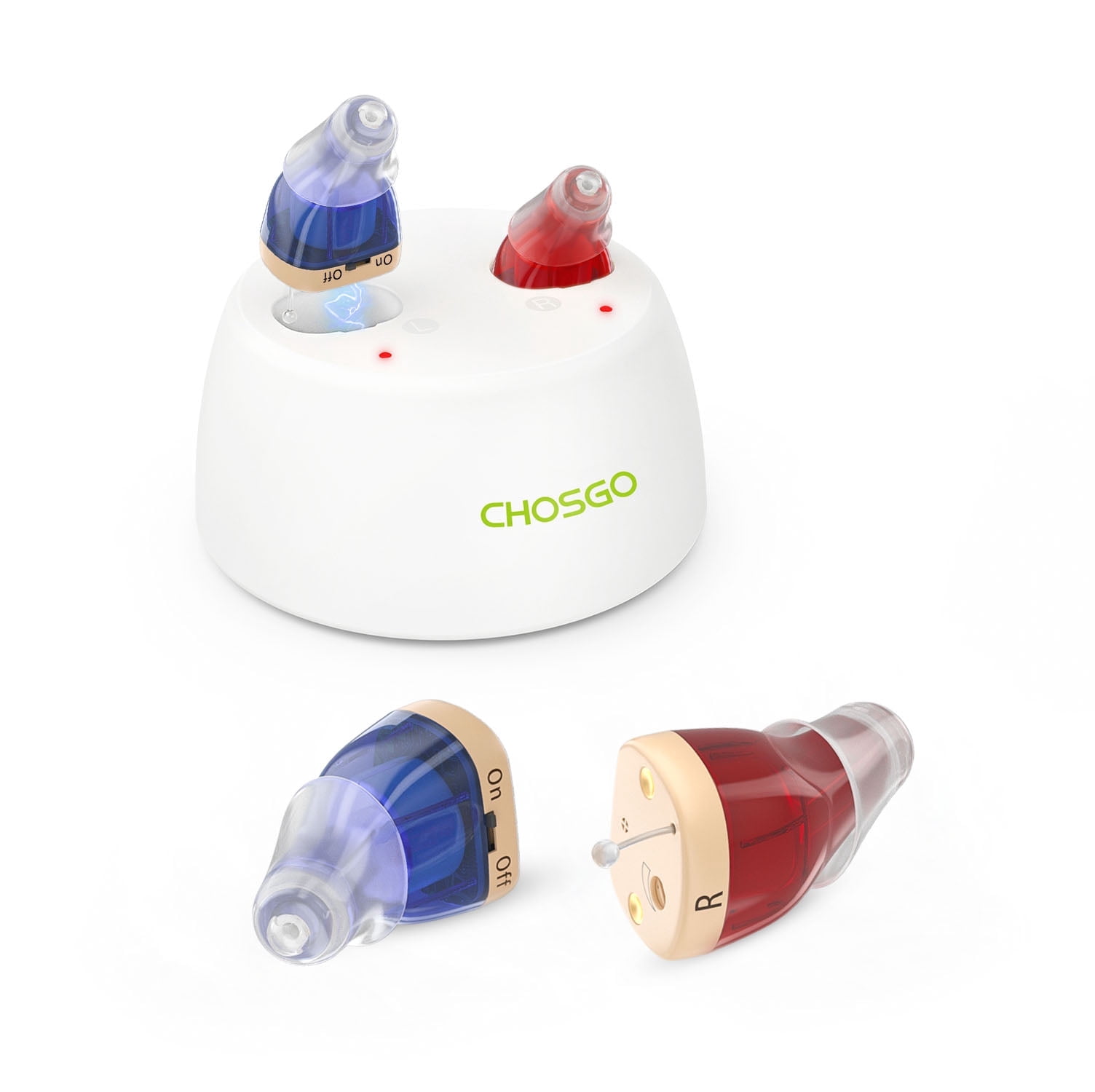 Chosgo K19 Rechargeable Personal Sound Amplifier with Portable Charging Case, Hearing Amplifiers for Seniors with Noise Cancelling, Mini CIC Hearing Aids with 12-Channels(Red&Blue)