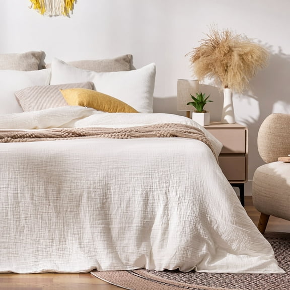 TechForma 100% Cotton Duvet Cover Set, White Double Layer Gauze Bed Set, 3 pcs Breathable & Crisp Soft Duvet Cover Set, Twin