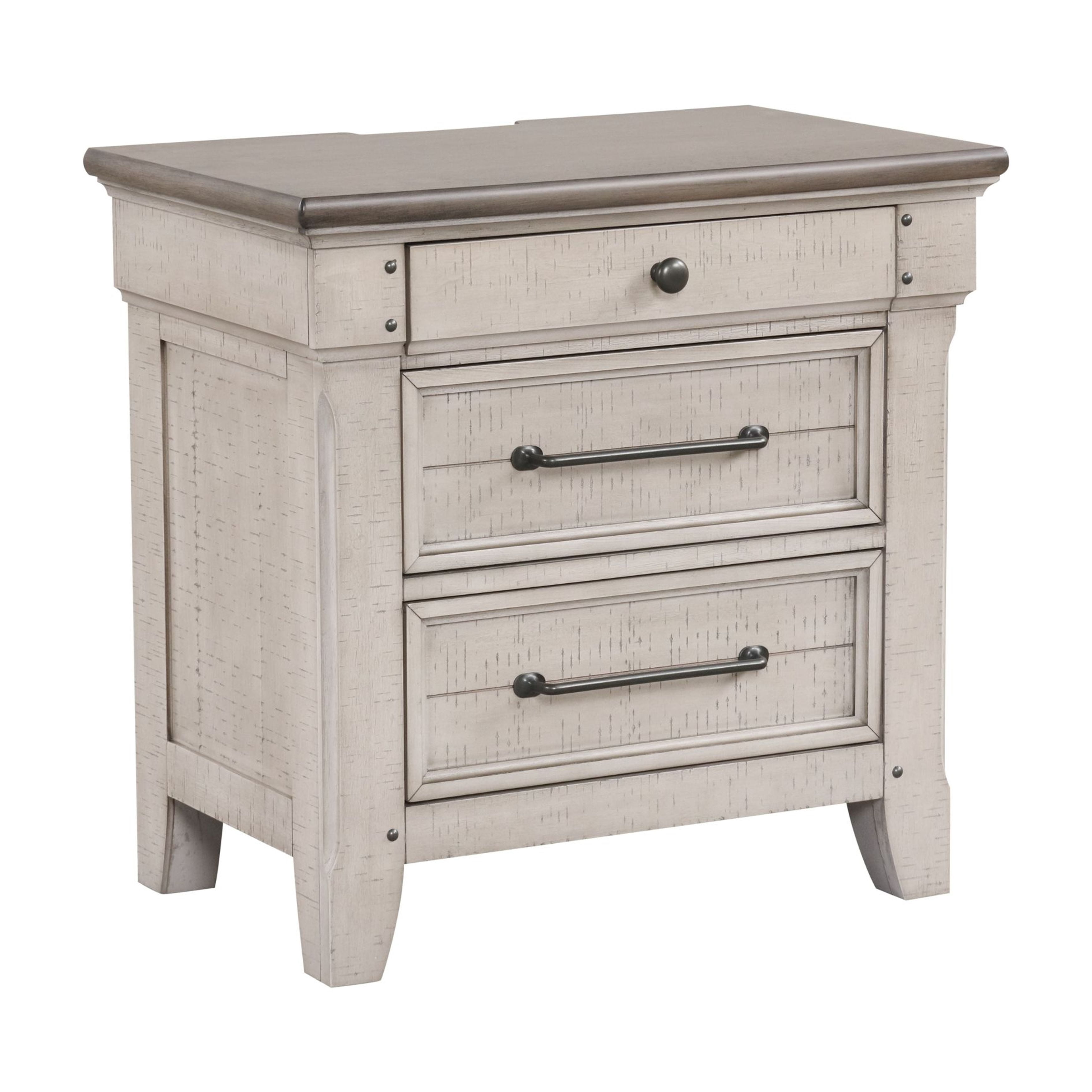 Roundhill Furniture Walcott 3-Drawer Bedroom Nightstand with Charging Station, Weathered Dusty-taupe Finish
