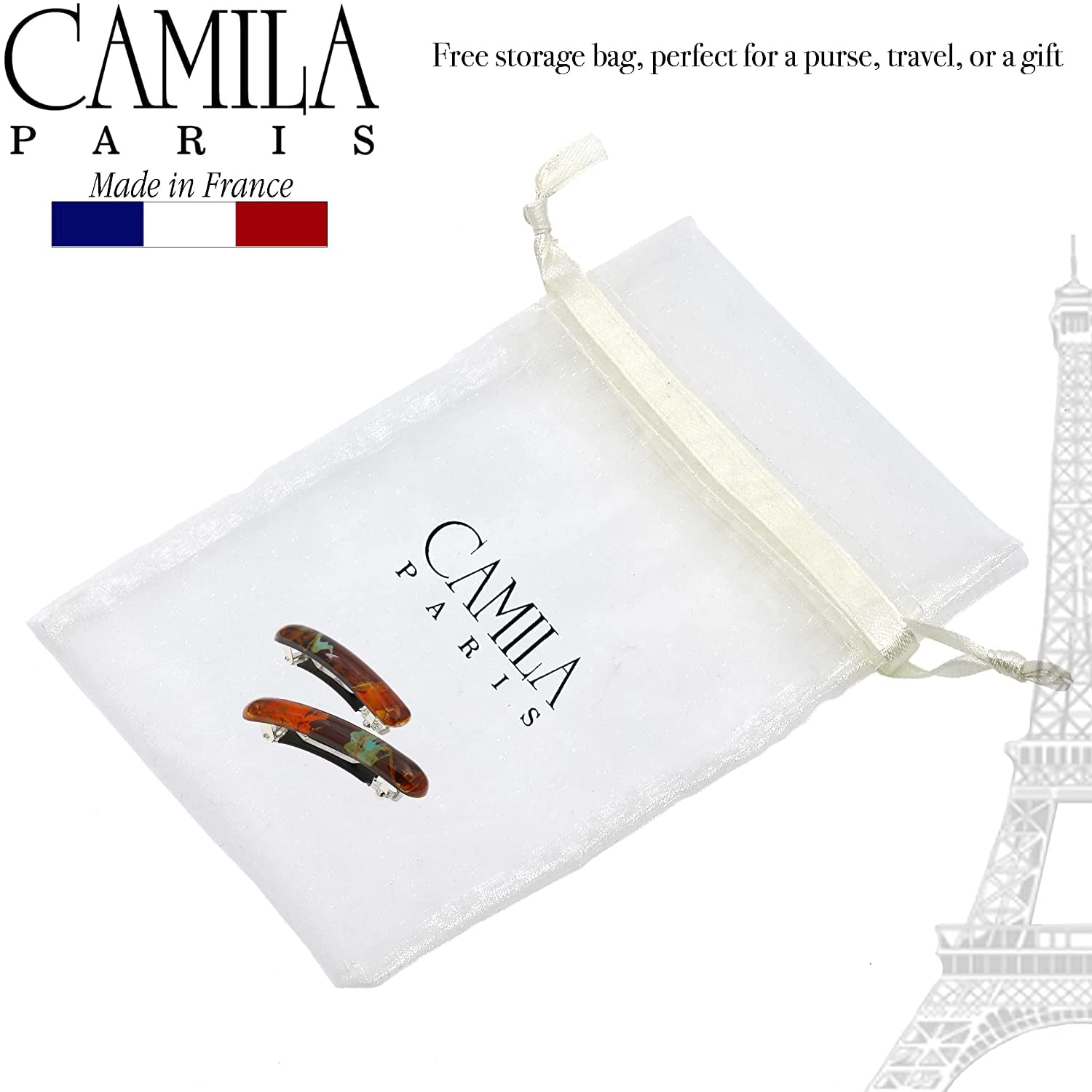 Camila Paris CP3328 French Hair Barrette Clip for Girls, Orange Small Set of 2 Strong Hold Grip Hair Clips for Women, No Slip Rubberized Automatic Clasp Styling Girls Hair Accessories, Made in France