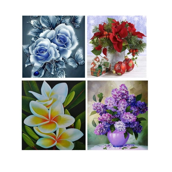 Yeesam Art 4 Pack DIY 5D Diamond Painting Full Drill Kits, Purple Lilac Flowers Christmas Red Poinsettia Flowers Blue Rose & Butterfly Diamond Art Home Wall Decor