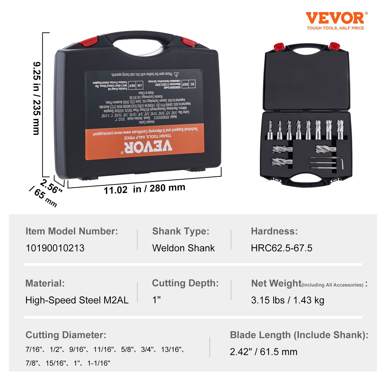 VEVOR Annular Cutter Set, 13 pcs Weldon Shank Mag Drill Bits, 7/16" to 1-1/16" Cutting Diameter, 1" Cutting Depth, M2AL HSS, 2 Pilot Pins, Hex Wrench and Portable Case,for Using with Magnetic Drills