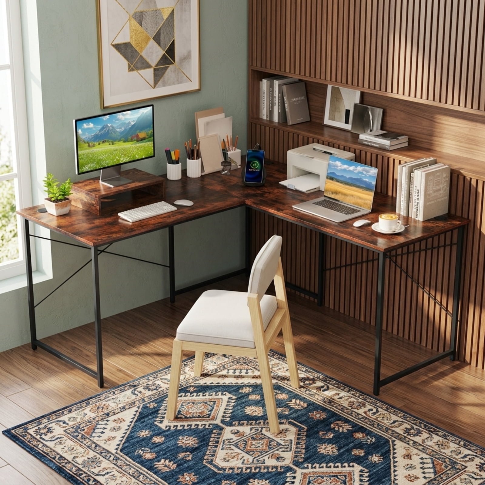 Furnibear 95 Inch 2-Person L-Shaped Reversible Computer Desk with Monitor Stand and Cable Holes for Home Office and Study, Rustic Brown