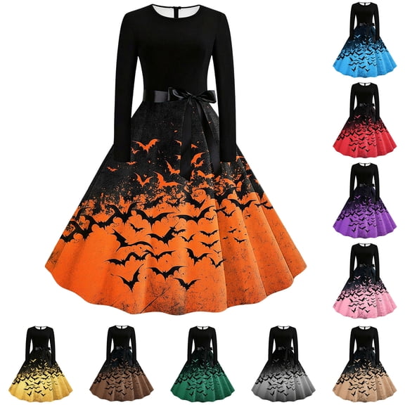Idoravan Womens Elegant Dresses Fall Women's Halloween Printed Round Neck Long Sleeve Dress Women's Bat Printed Dresses