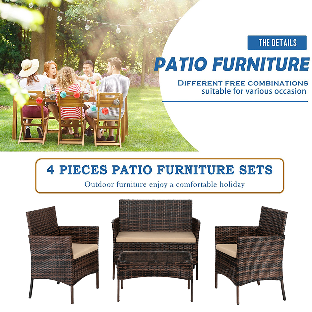 4 Pieces Outdoor Patio Furniture with Cushions, Brown PE Rattan Wicker Table and Chairs Set for Backyard Porch Garden Poolside Balcony, W9486 - image 4 of 11