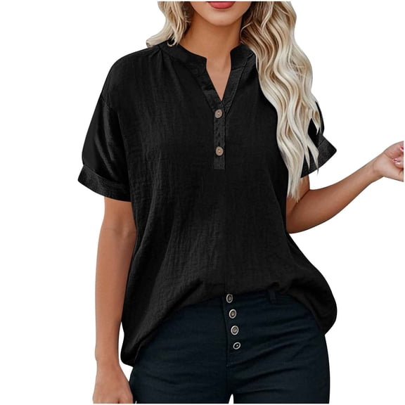 Htigea Womens V-Neck T Shirt Cotton Linen Short Sleeve Summer Tunic Tops Plus Size Solid Color Daily Tees Casual Beach T-Shirts Black S