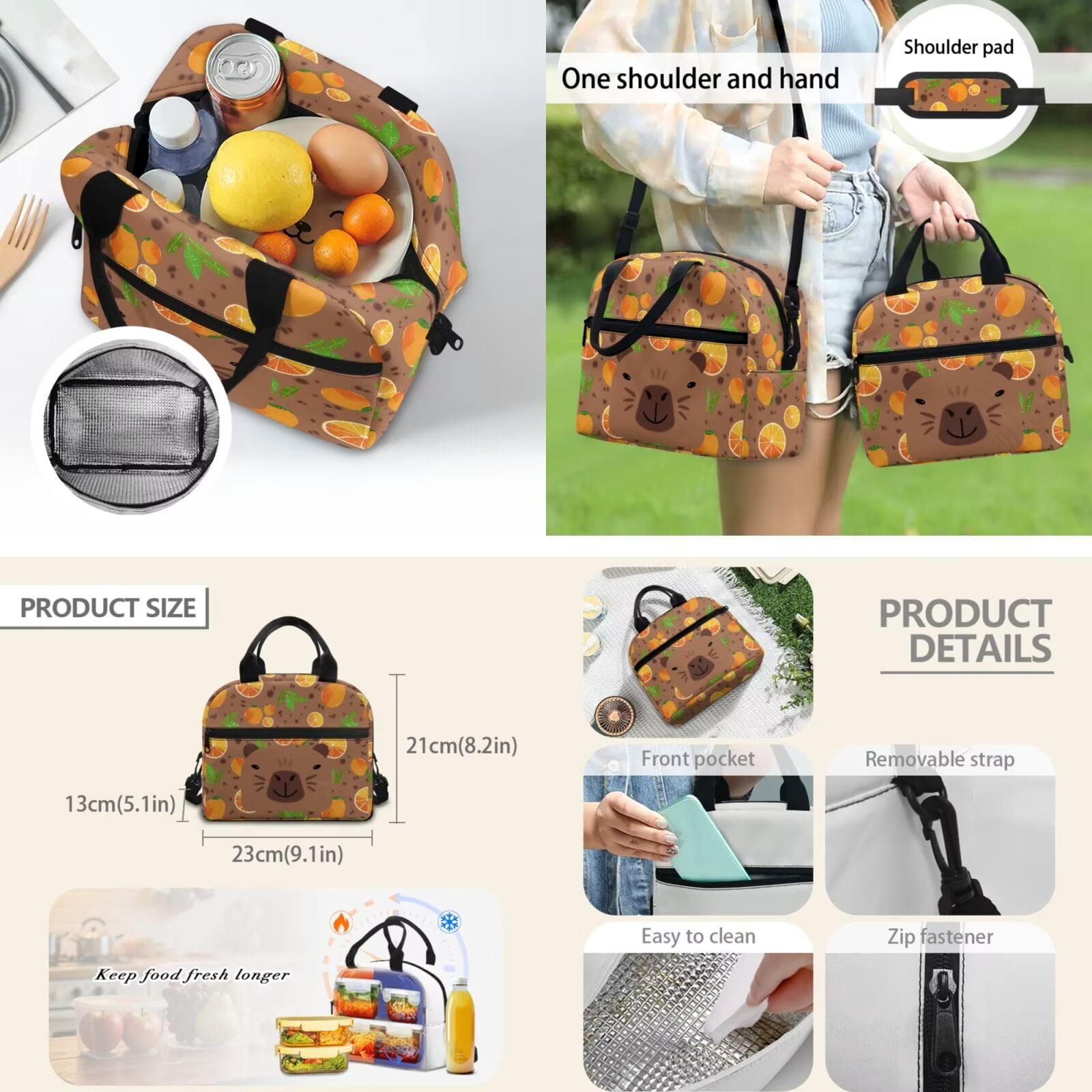 Pzuqiu Capybara Orange Girls Backpack with Lunch Box Pencil Case 2pcs Bookmark Back Pack for School Girls Kids 17 Inch Backpacks Kawaii Casual Travel Daypack for Kids,4pcs