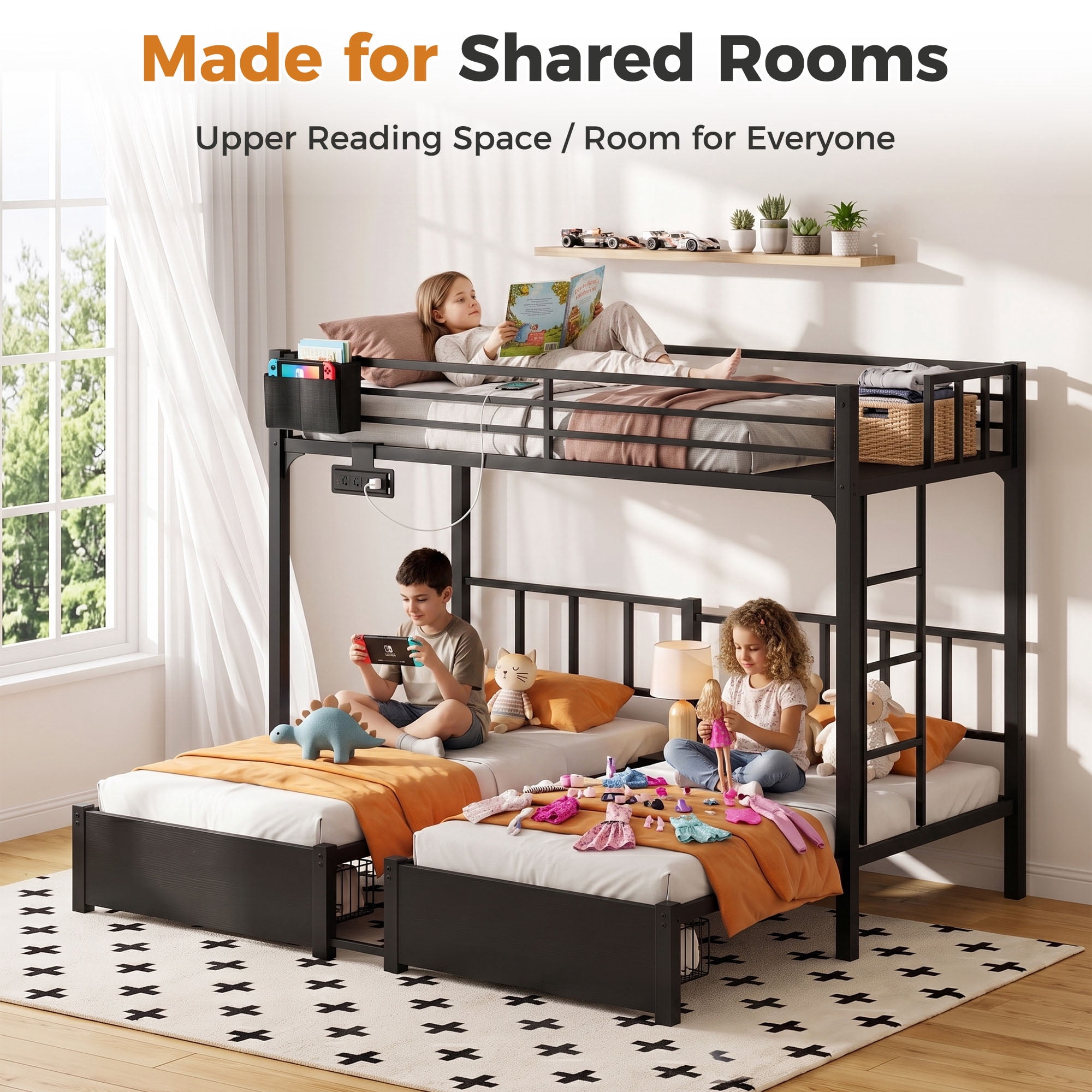 Miniyam Triple Bunk Bed with 2 Storage Drawers, Twin Over Twin Over Twin XL, LED Light and Power Strip, Black