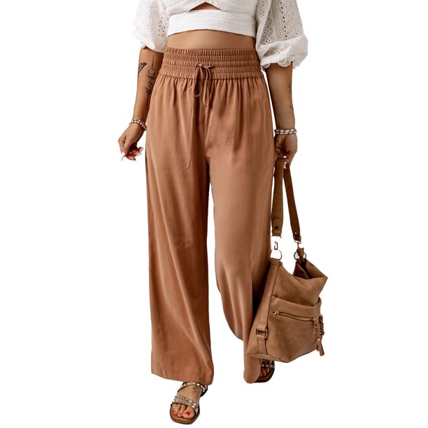 Acelitt Women Casual Pants Wide Leg Pants Summer Drawstring Tie Waist Trousers with Pockets