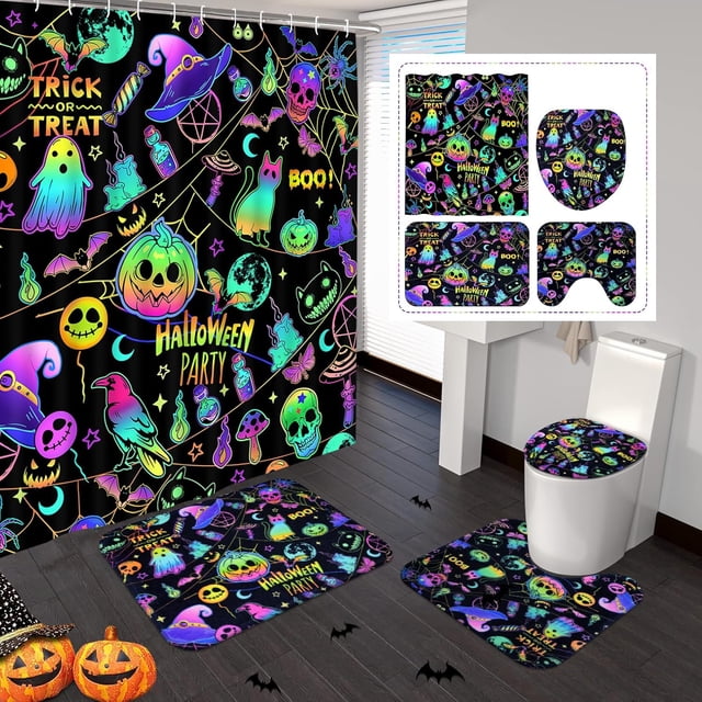 FRAMICS Ensembles de Rideaux de Douche Blacklight d'Halloween avec Tapis, Ensembles de Salle de Bain 16 Pcs Colorés Pumpkin Ghost, Décor de Rideau de Salle de Bain en Tissu Imperméable avec Crochets