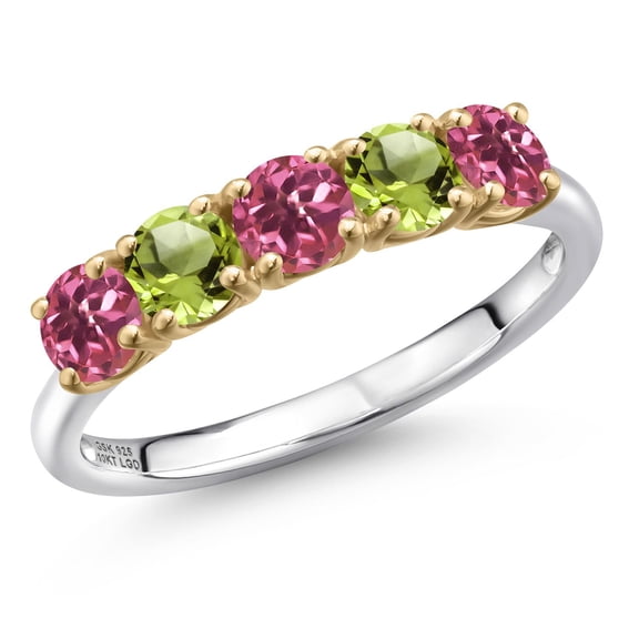 Gem Stone King 925 Silver and 10K Yellow Gold Pink Tourmaline and Green Peridot Wedding-Bands Ring for Women | 1.35 Cttw | Round 4MM | Gemstone October Birthstone | Size 5