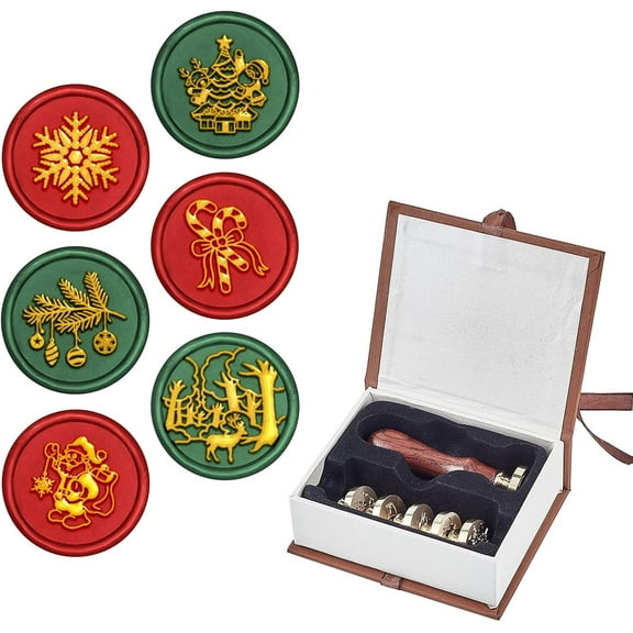 Christmas Wax Seal Stamp Set 6Pcs Sealing Wax Stamps Heads   1 Wood Handle Vinatge 25mm Removable Sealing Kit