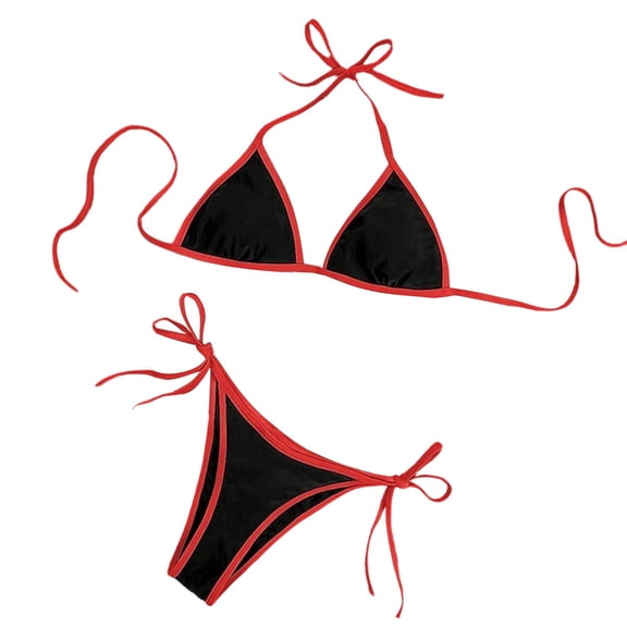 LEKWK Bikini Sets for Women High Cut Halter String Triangle Bathing Suits Color Block Tie Side Cheeky 2 Piece Swimsuits Summer Holiday Pool Party Resort Wear
