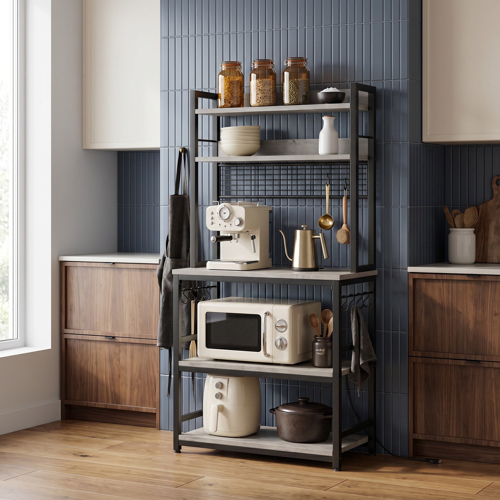 Nordic Hygge 66.9 in. Tall Bakers Rack with Power Outlet, Greige and Black