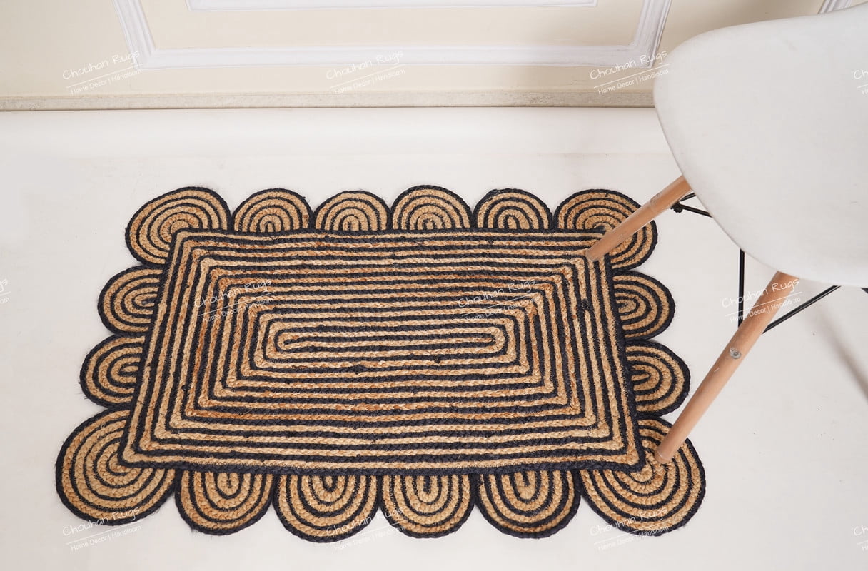 Rectangle Rug Natural Jute Rug Hand Braided Beige and Navy Blue Color Area Rug