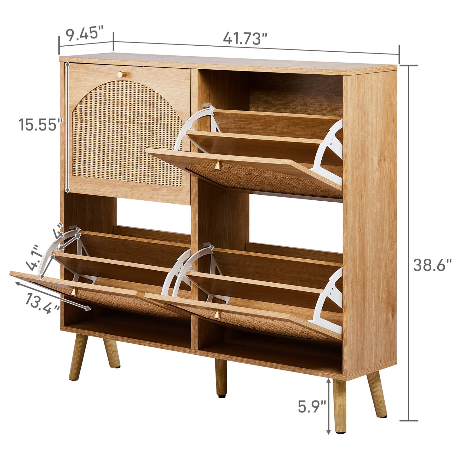 Hassch Natural Rattan Shoe Cabinet with 4 Flip Drawers, Freestanding Shoe Rack Storage Organizer for Entryway, Living Room, Small Space, 41.34"L x 9.45"W x 38.58"H