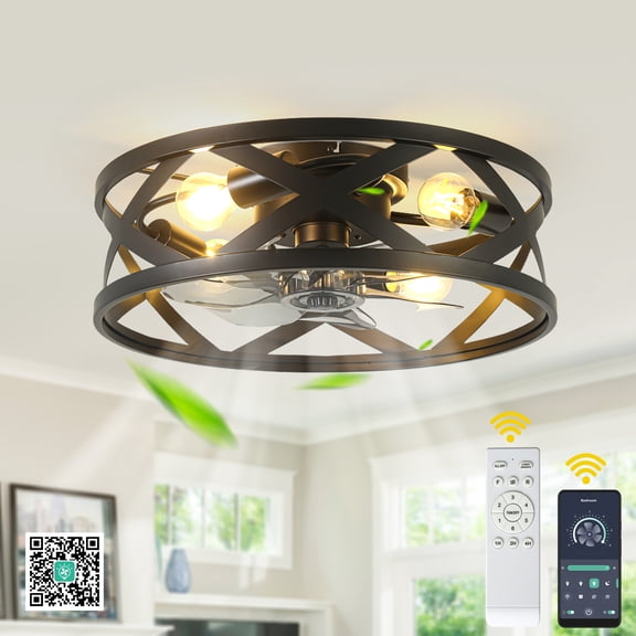 Chords Attic 20" Industrial Matte Black Caged Flush Mount Ceiling Fan with Lights and Remote/APP Control, 6-Speed Quiet DC Motor for Living Room, Bedroom
