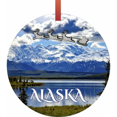 Alaska Christmas Ornament Santa and Sleigh Over The Denali Mountains, Alaska Flat Round - Shaped Christmas Holiday Ornament - Made in the U.S.A. ()