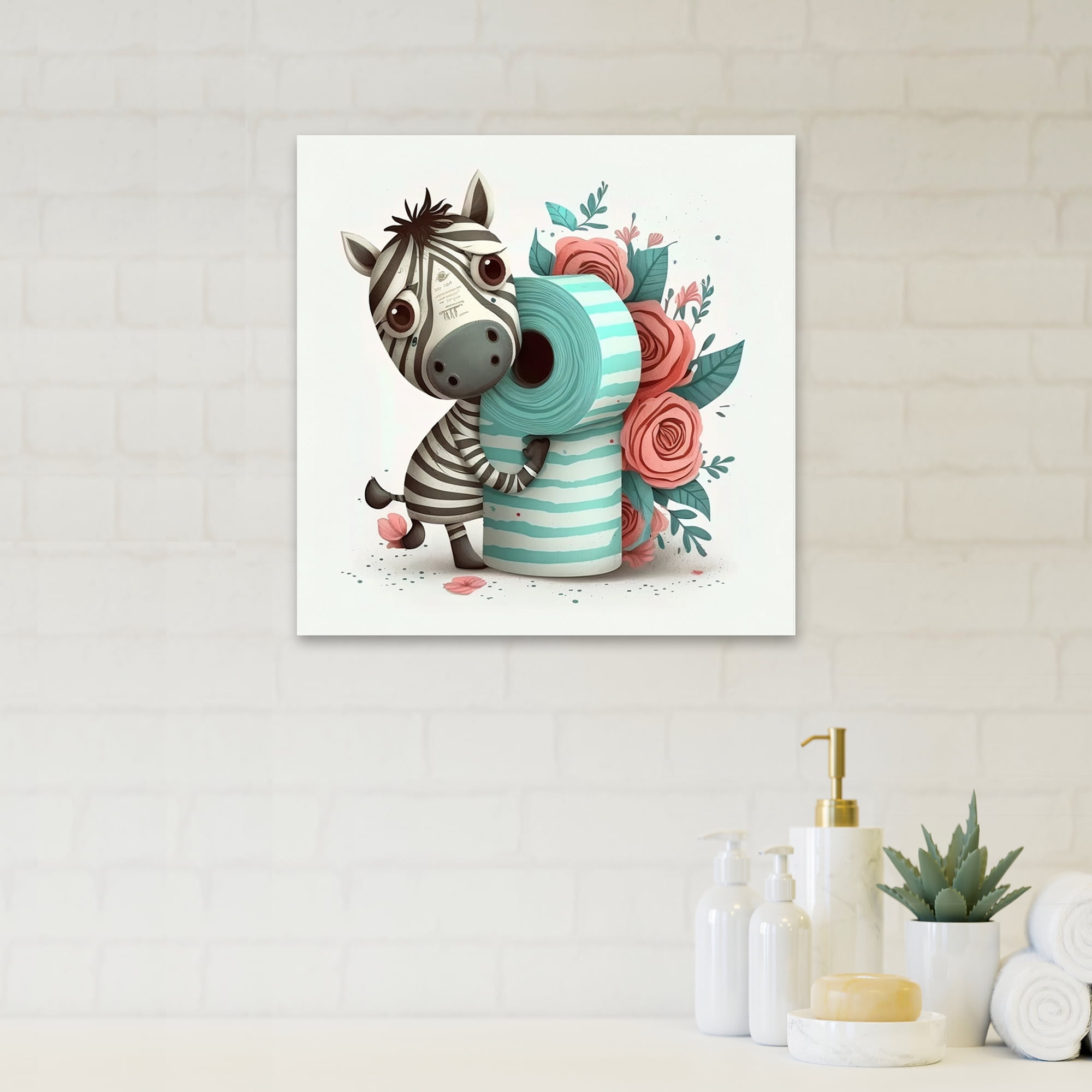 Designart Zebra Building A Tower Of Toilet Paper Canvas Wall Art