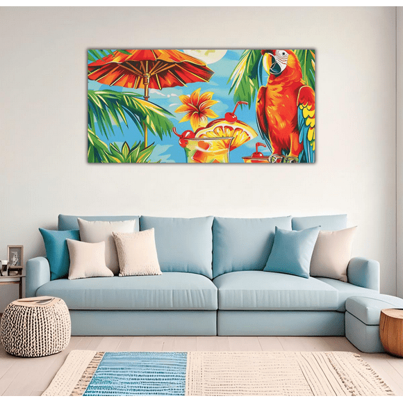 Erosebridal Wild Parrot Bird Paintings Wall Decor Framed, Summer Beach Framed Wall Art for Living Room 48x24, Palm Tree Leaves Juice Wall Decor for Bedroom 48x24, Stylish Living Room Decor