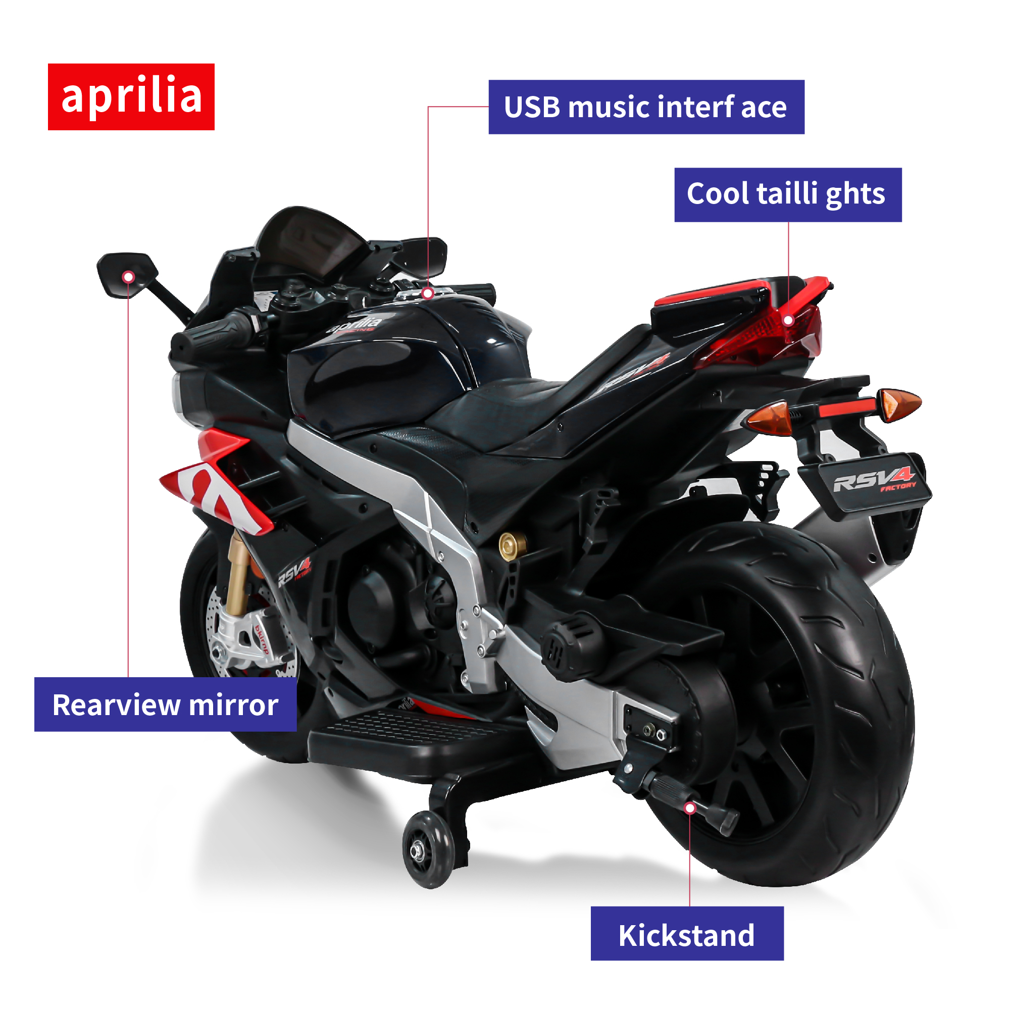 HEIMILI 24V Aprilia Kids Motorcycle Electric Motorbike Ride on Toy w/LED Lights Bluetooth Music Battery Powered 12MPH for Kids 3-6 Years Old