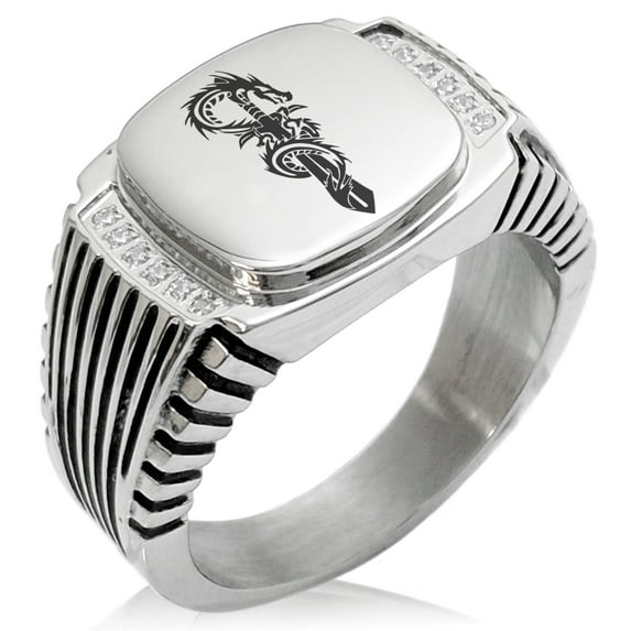 Stainless Steel Exalted Dragon Blade CZ Ribbed Needle Stripe Pattern Biker Style Polished Ring