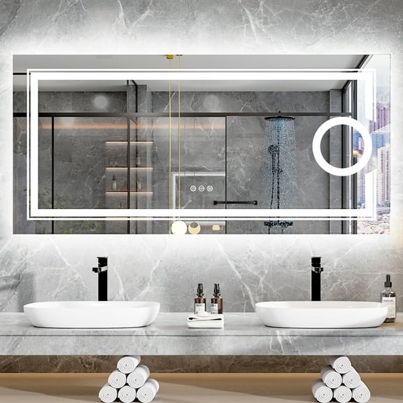 LUVODI 3X Magnify Dual Lighted LED Bathroom Mirror 47X24in Anti-Fog Dimmable Vanity Mirror Rectangle