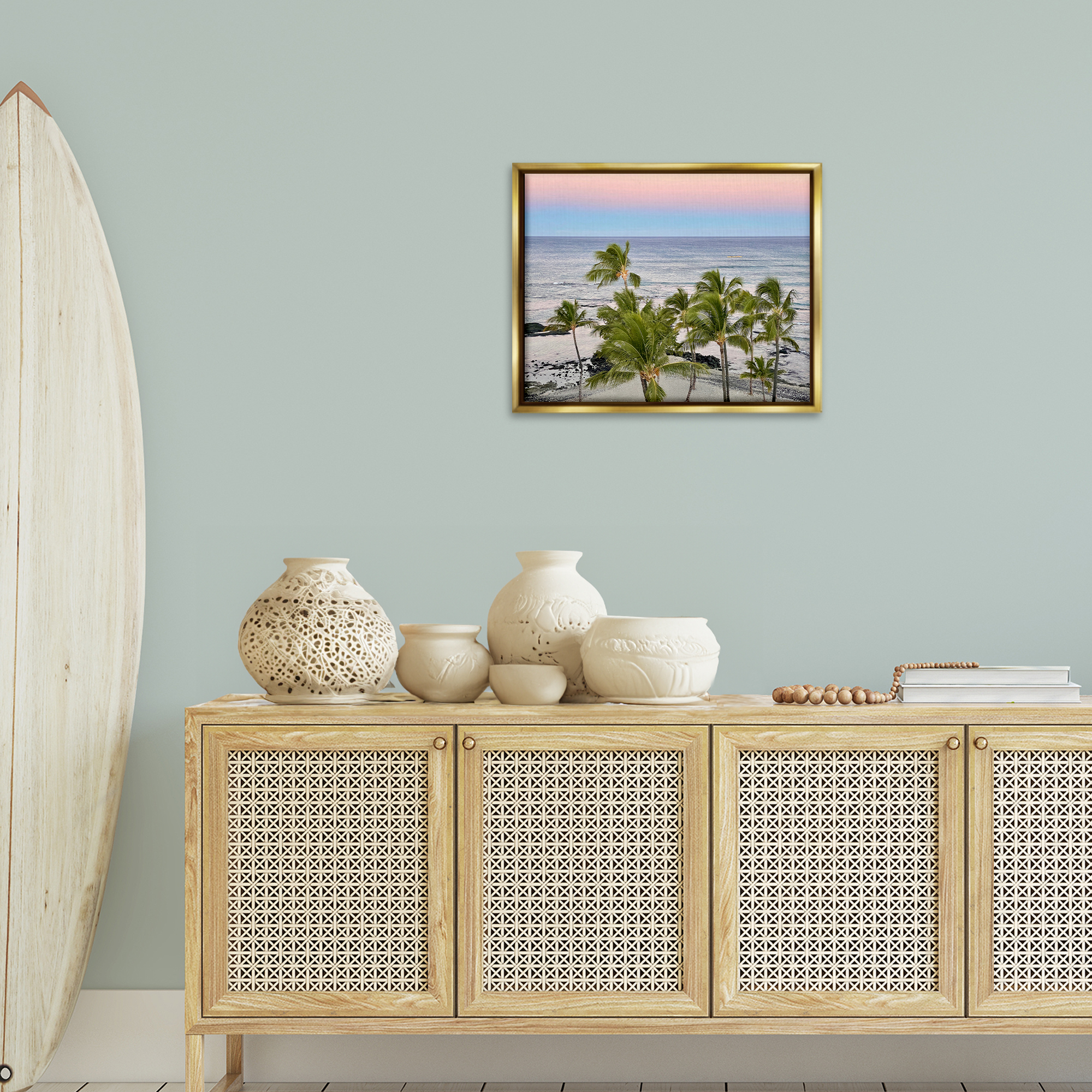 Stupell Industries Afternoon Palms Horizon Landscape Photography Gold Floater Framed Canvas Art Print Wall Art, 21 x 17