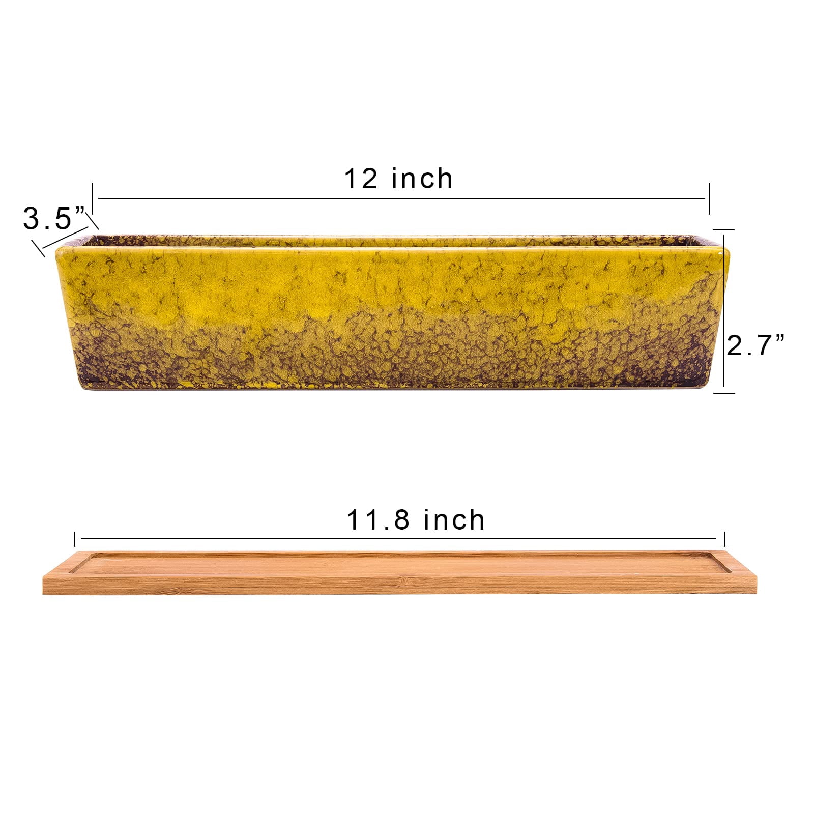 Succulent Planter Pots Large Rectangular Ceramic Cactus Flower Pot with Drainage and Bamboo Tray 12 Inch Shallow Bonsai Window Box for Home Garden Decor