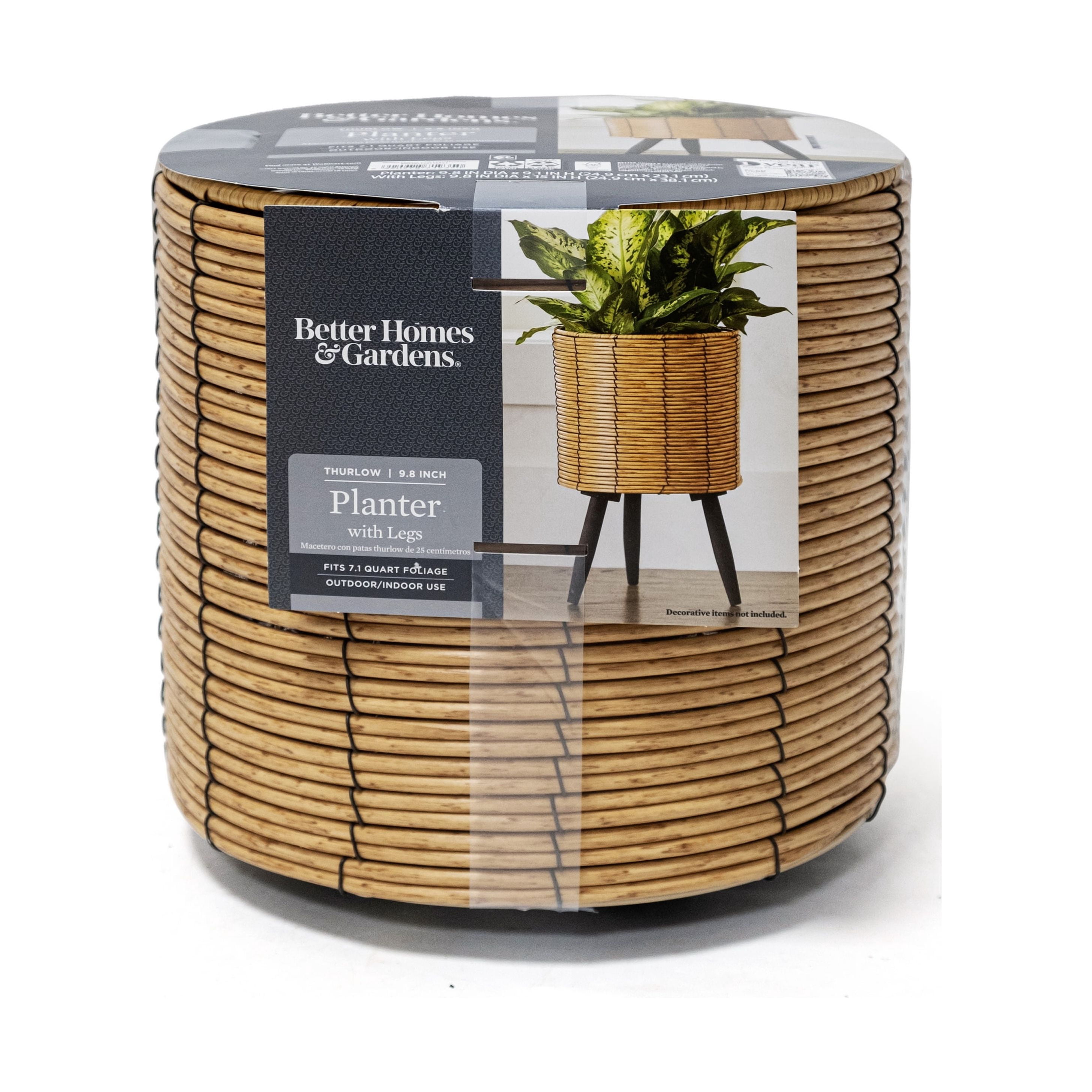 Better Homes & Gardens Thurlow Round Woven Planter with Wood Stand, 9.8 in
