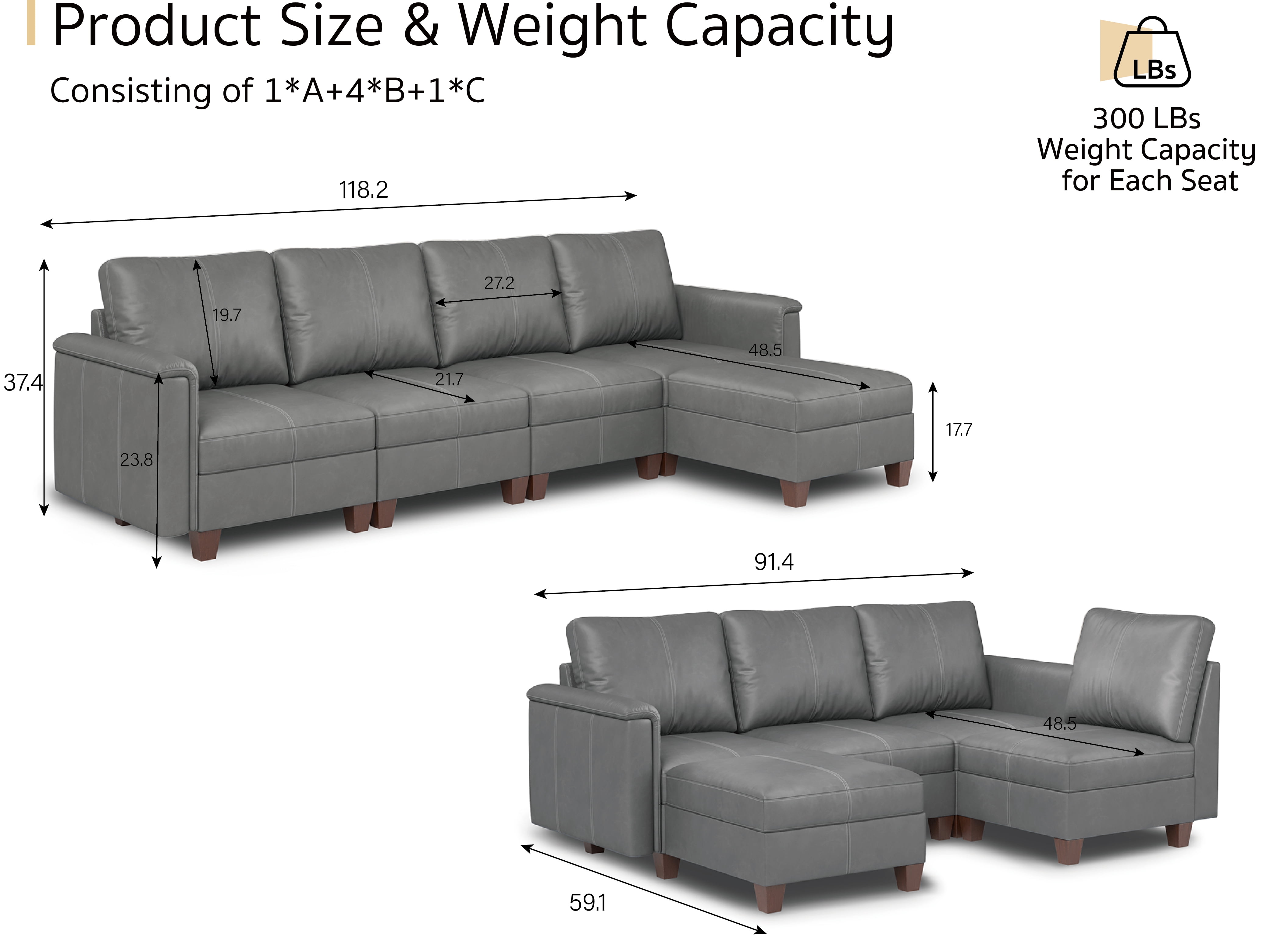 SITJOY 118" Faux Leather Modular Sectional Couches with Storage, Convertible 5 Seat L-Shaped Sectional Sofa with Ottoman for Living Room, Gray