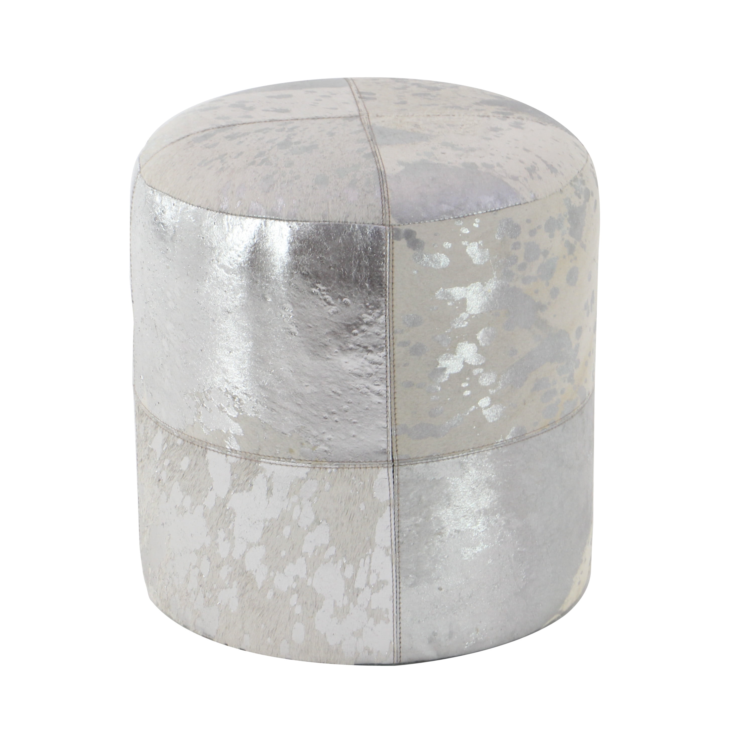 Decmode 16" x 17" Silver Leather Handmade Ottoman with Silver Foil Paint, 1-Piece