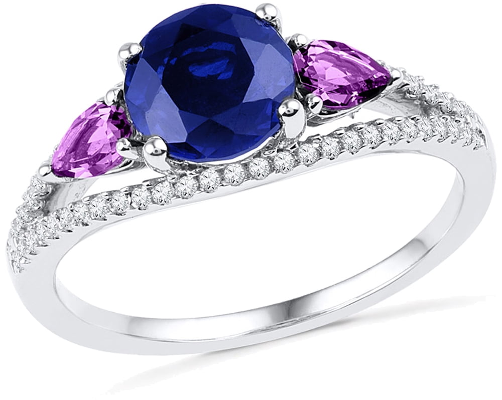Size 7 Solid 10k White Gold Round Trillion Blue Simulated Sapphire Purple Simulated Amethyst And White Diamond... by AA Jewels
