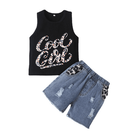 

Toddler Girls Clothes Baby Girls 2PCS Outfits Letter Print Sleeveless Top Jeans Shorts Set 2-3T Girls Summer Outfits Black