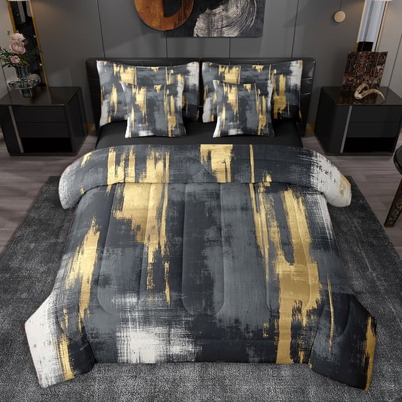 jejeloiu Minimalist Aesthetic Artwork 7-Piece Twin Bedding Sets,Black Gold Graffiti Bedding Comforter Set For Girls Kids Reversible
