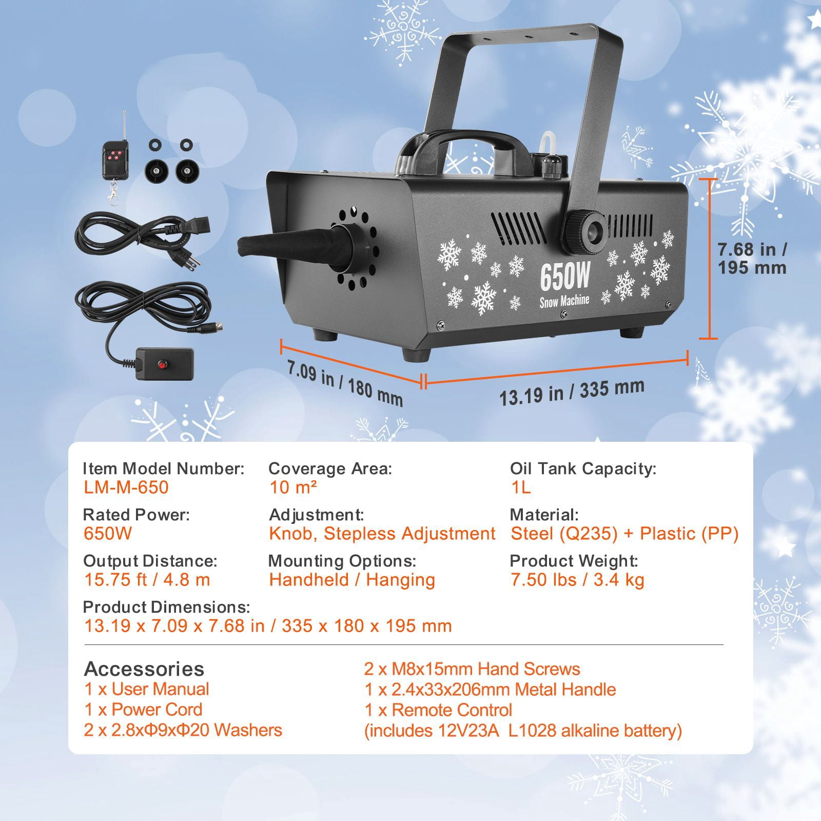 Snow Machine, 650W Wireless Remote Control Snow Maker Machine with 1L Tank High Output Portable Artificial Snowflake Machines for Christmas Holidays Parties Wedding Stage Effect