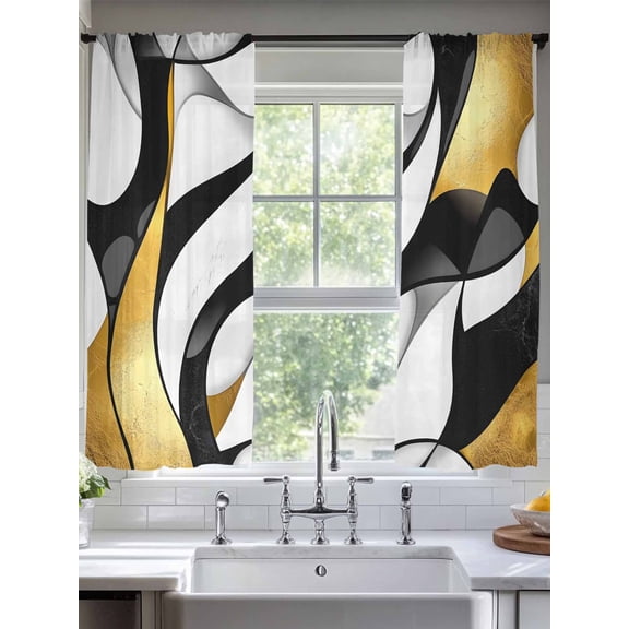 Black Gold Line Sheer Curtains 63 Inches Long 2 Panels Metallic Texture Light Filtering Semi Sheer Window Curtains Drapes for Bedroom Living Room 52"x63"