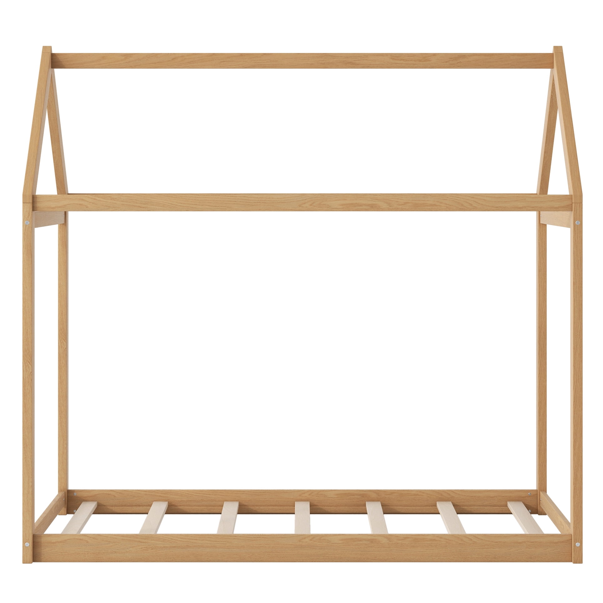 Twin House Bed, Wood Montessori Bed Frame with House Roof Canopy, Low Floor Bed with Sturdy Wood Slat Support for Kids Boys Girls, 400LBS Weight Capacity, No Box Spring Needed, Wood