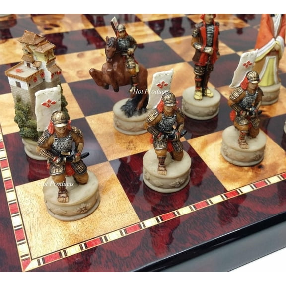 Japanese Samurai Warrior Chess Set Large 18" Cherry Burlwood Color Board