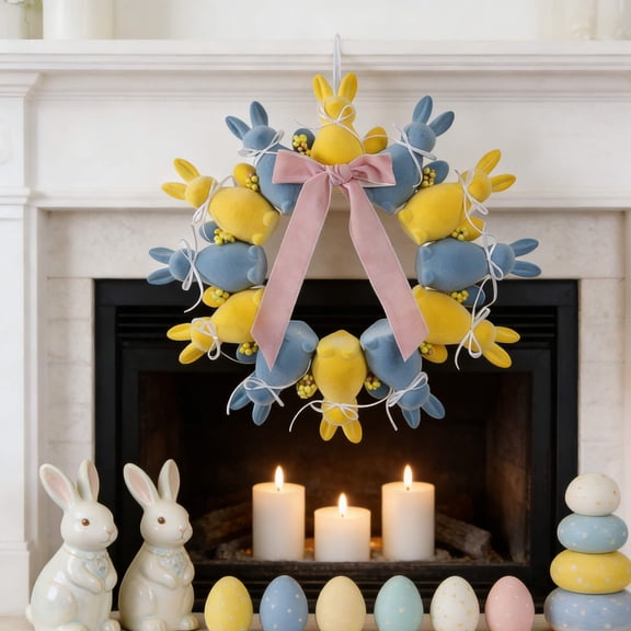 Wreath Decoration, Easter Realistic Flocked Rabbits Wreath Animals Figurine Bow Doll Decoration