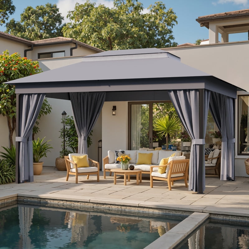 Devoko 10×13 ft Outdoor Pop Up Gazebo with Mosquito Netting，Double Roof Gazebo with Double Curtains for Backyard, Garden and Patio,Gray