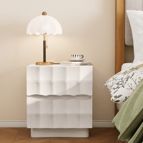 Brafabhome Fast Charing Nightstands with 2 Drawers, Wooden Bedside Table with Artistic 3D Embossed Panel, Farmhouse Night Stand with Storage for Bedroom, White
