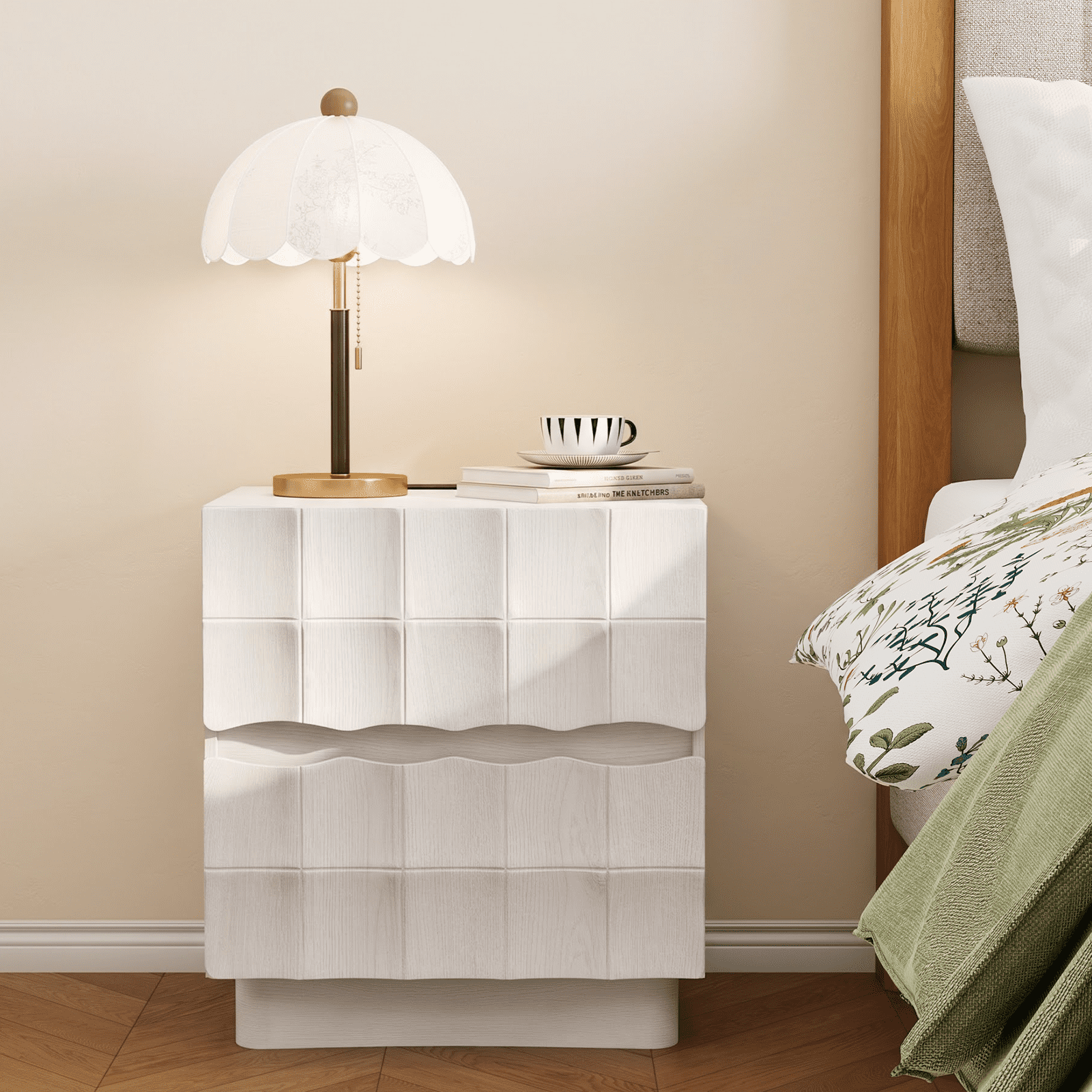 Brafabhome Fast Charing Nightstands with 2 Drawers Wooden Bedside Table with Artistic 3D Embossed Panel Farmhouse Night Stand with Storage for Bedroom White