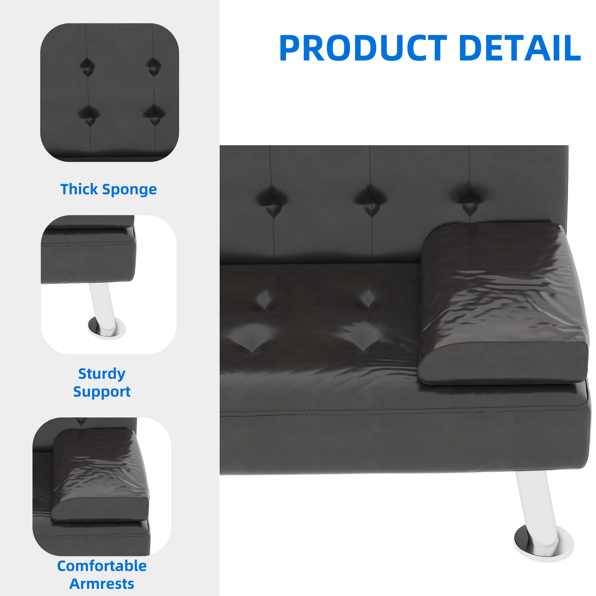 Uforic Modern Black Faux Leather Foldable Couch Set, Adjustable Loveseat w/ Detachable Armrests & Dual Cup Holders