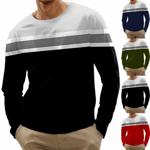 Goodtrade8 Mens Tops Plus Size Color Block Casual Long Sleeve Black Crew Neck Shirts for Men Plus Size